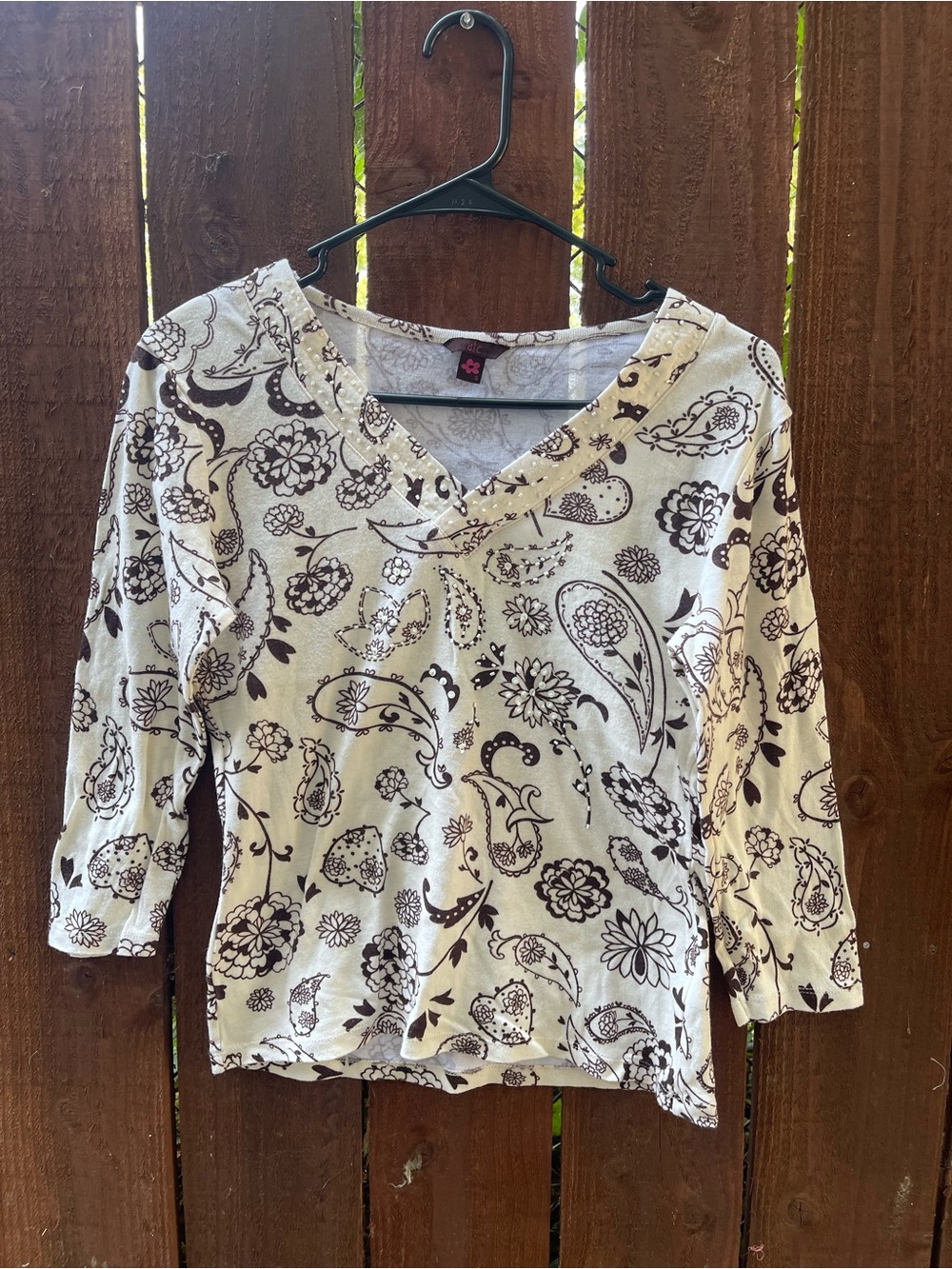 a|c Y2k cute Cotton Boho Cream Paisley V Neck Pearl 3/4 Sleeve Sz S